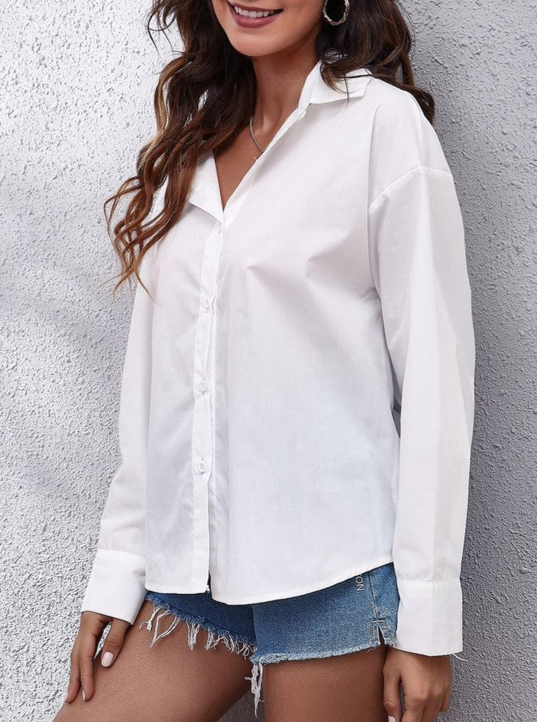 Tie Back Cutout Poplin Button Down Shirt - White - 2