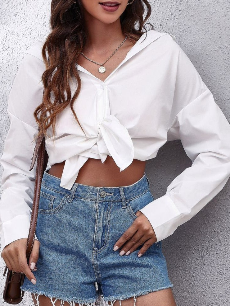 Tie Back Cutout Poplin Button Down Shirt - White - 3