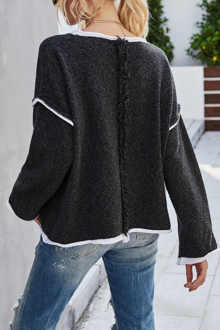 Exposed Seam Slouchy Knit Top - Black - 5