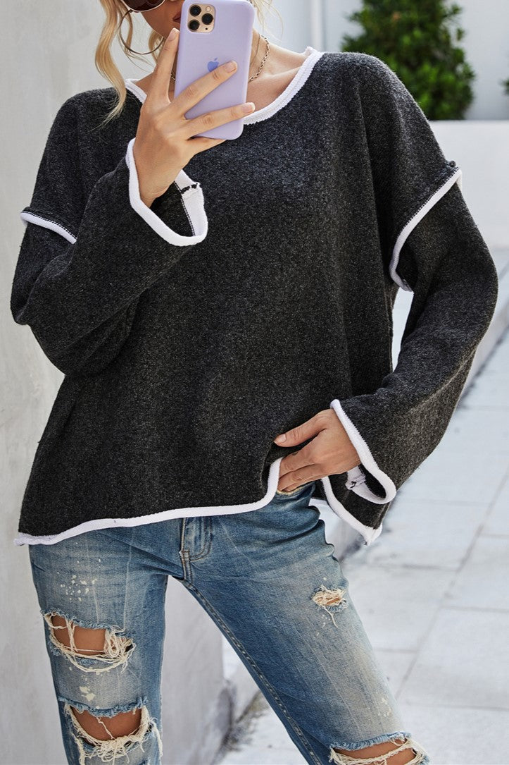 Exposed Seam Slouchy Knit Top - Black - 6