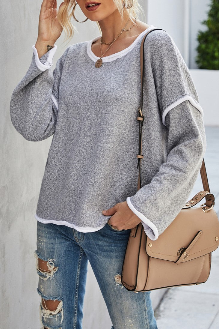 Exposed Seam Slouchy Knit Top - Grey - 12