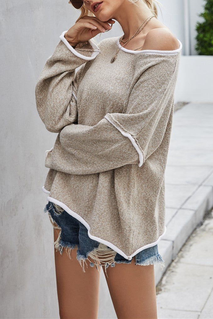 Exposed Seam Slouchy Knit Top - Khaki - 3