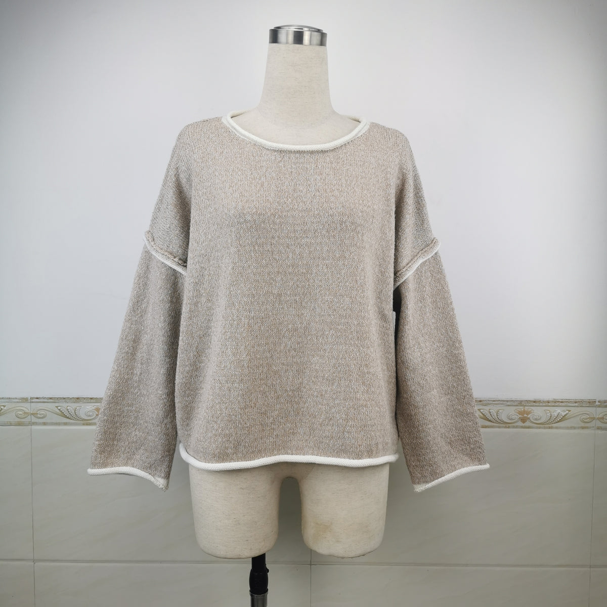 Exposed Seam Slouchy Knit Top - Khaki - 4