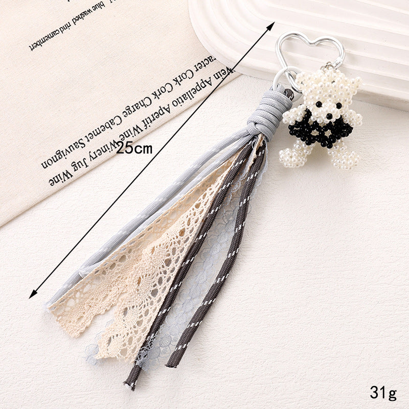 Beaded Bear Charm Keychain with Ribbon Tassels - C1