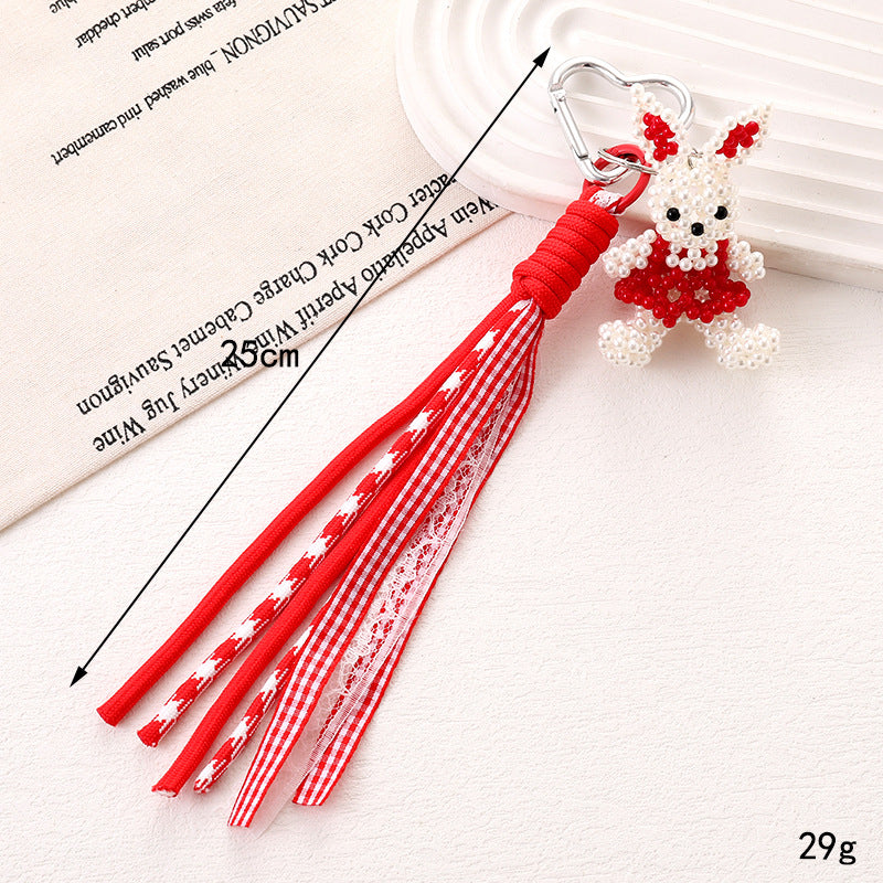 Beaded Bear Charm Keychain with Ribbon Tassels - C2