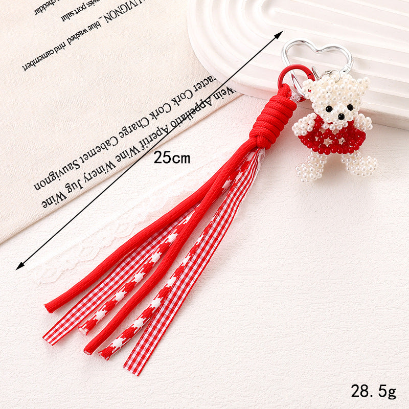 Beaded Bear Charm Keychain with Ribbon Tassels - C4