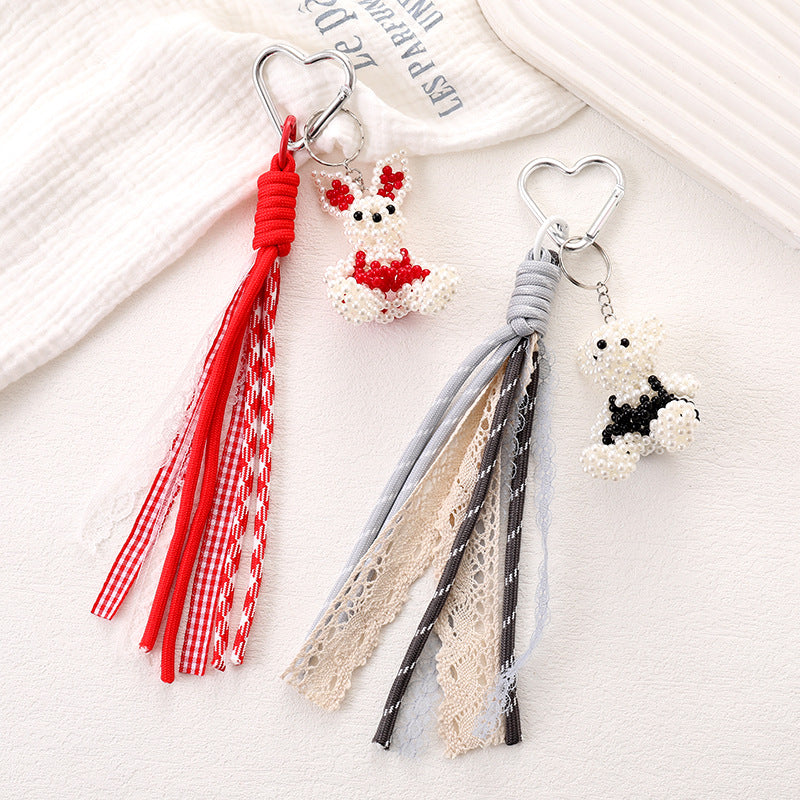 Beaded Bear Charm Keychain with Ribbon Tassels