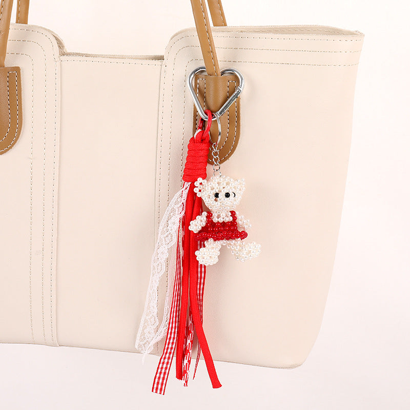 Beaded Bear Charm Keychain with Ribbon Tassels - view 1