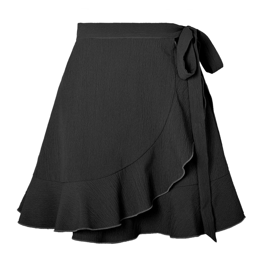 Textured Ruffle Hem Wrap Mini Skirt - Black