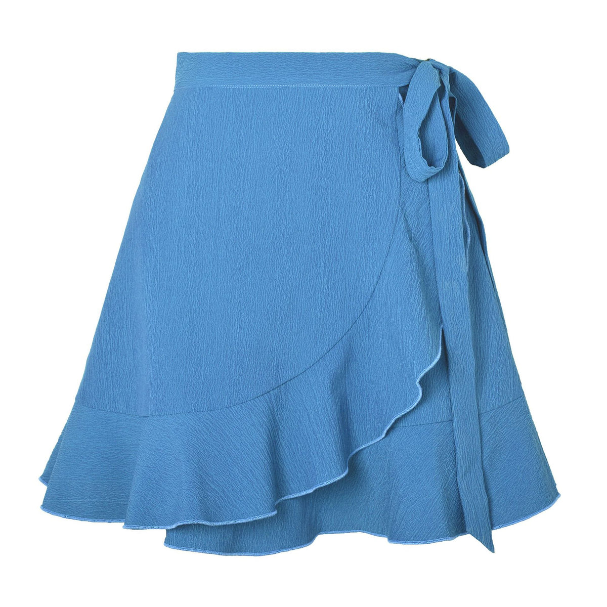 Textured Ruffle Hem Wrap Mini Skirt - Blue