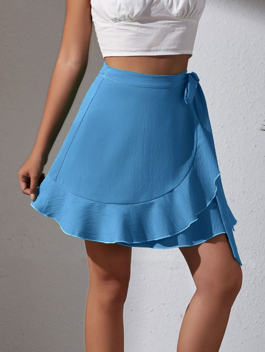 Textured Ruffle Hem Wrap Mini Skirt - Blue - 1