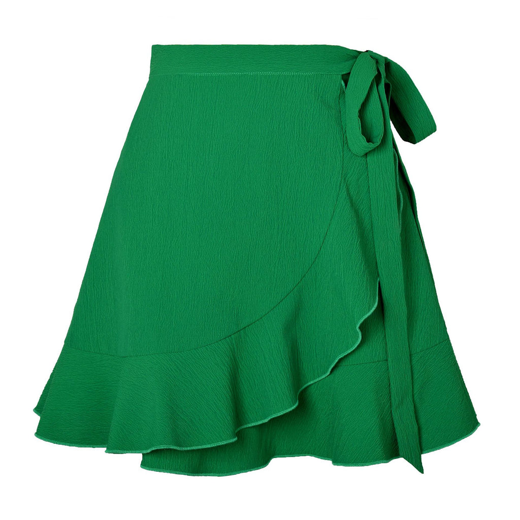 Textured Ruffle Hem Wrap Mini Skirt - Green