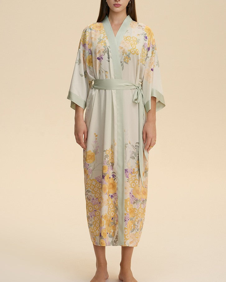 Floral Satin Wrap Robe with Wide Kimono Sleeves - C1