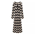 Zigzag Knit Keyhole Long Sleeve Midi Dress - Black
