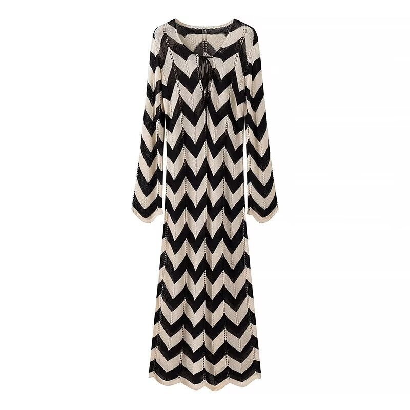 Zigzag Knit Keyhole Long Sleeve Midi Dress - Black