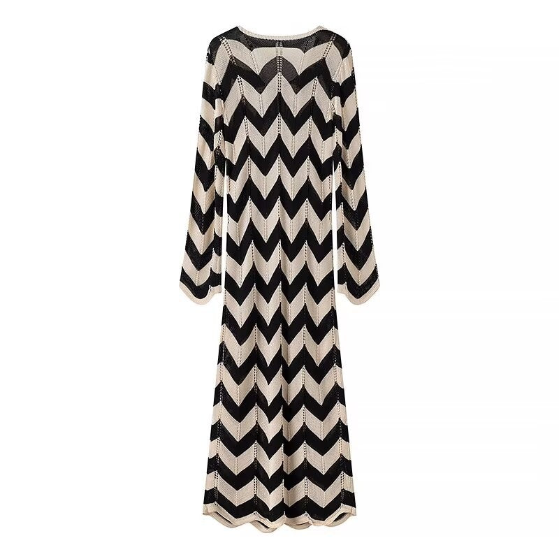 Zigzag Knit Keyhole Long Sleeve Midi Dress - Black - 1