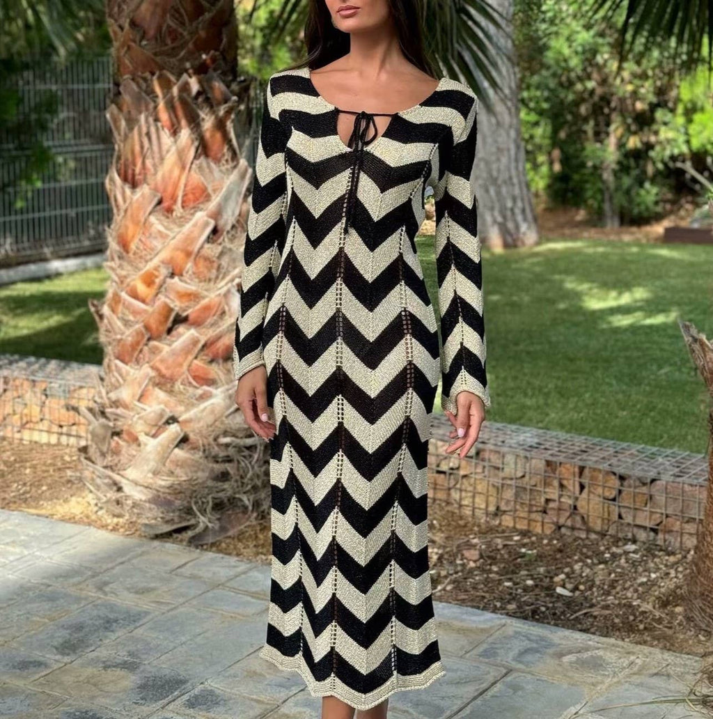 Zigzag Knit Keyhole Long Sleeve Midi Dress