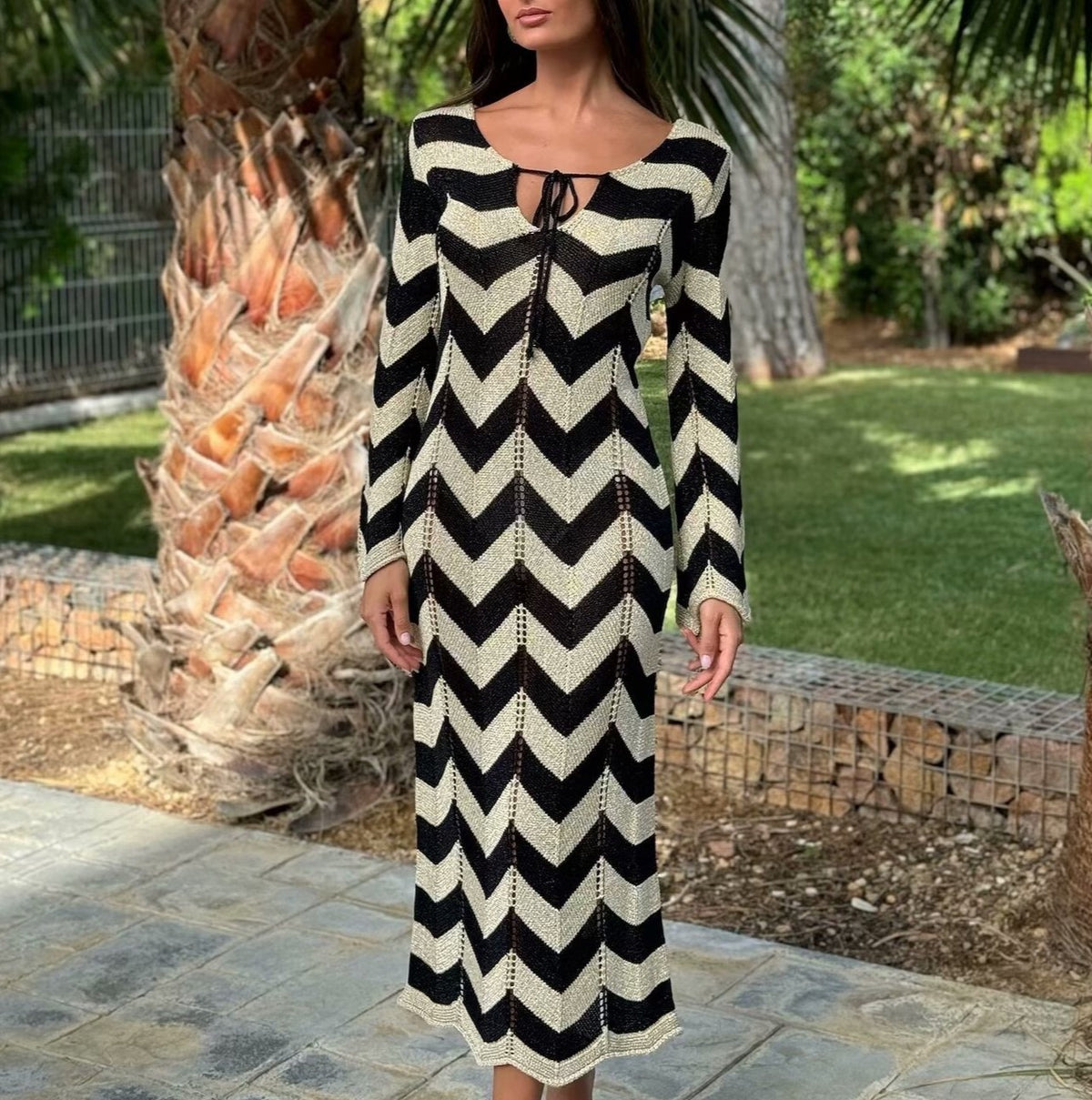 Zigzag Knit Keyhole Long Sleeve Midi Dress - view 1