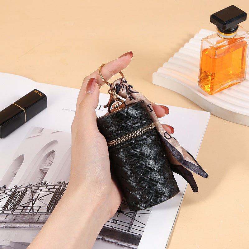 Woven Lipstick Pouch With Scarf Keyring - Black