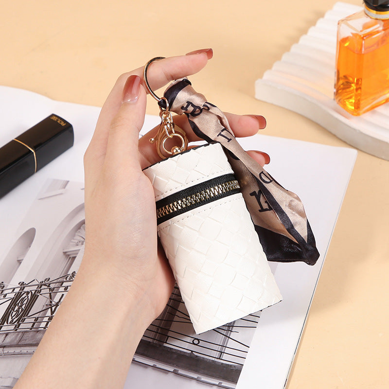 Woven Lipstick Pouch With Scarf Keyring - White