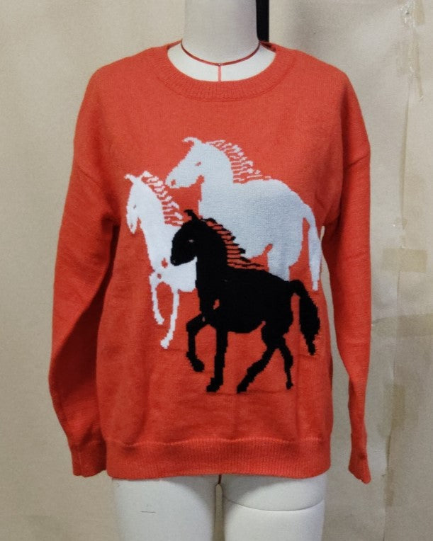 Wild Horses Intarsia Crew Neck Sweater - Red - 1