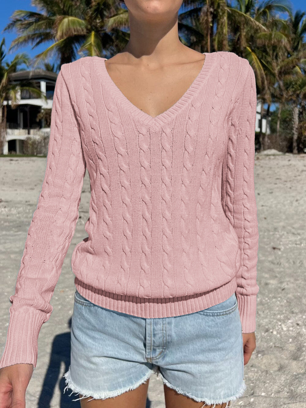 V-Neck Cable Knit Sweater With Ribbed Cuffs - Pink
