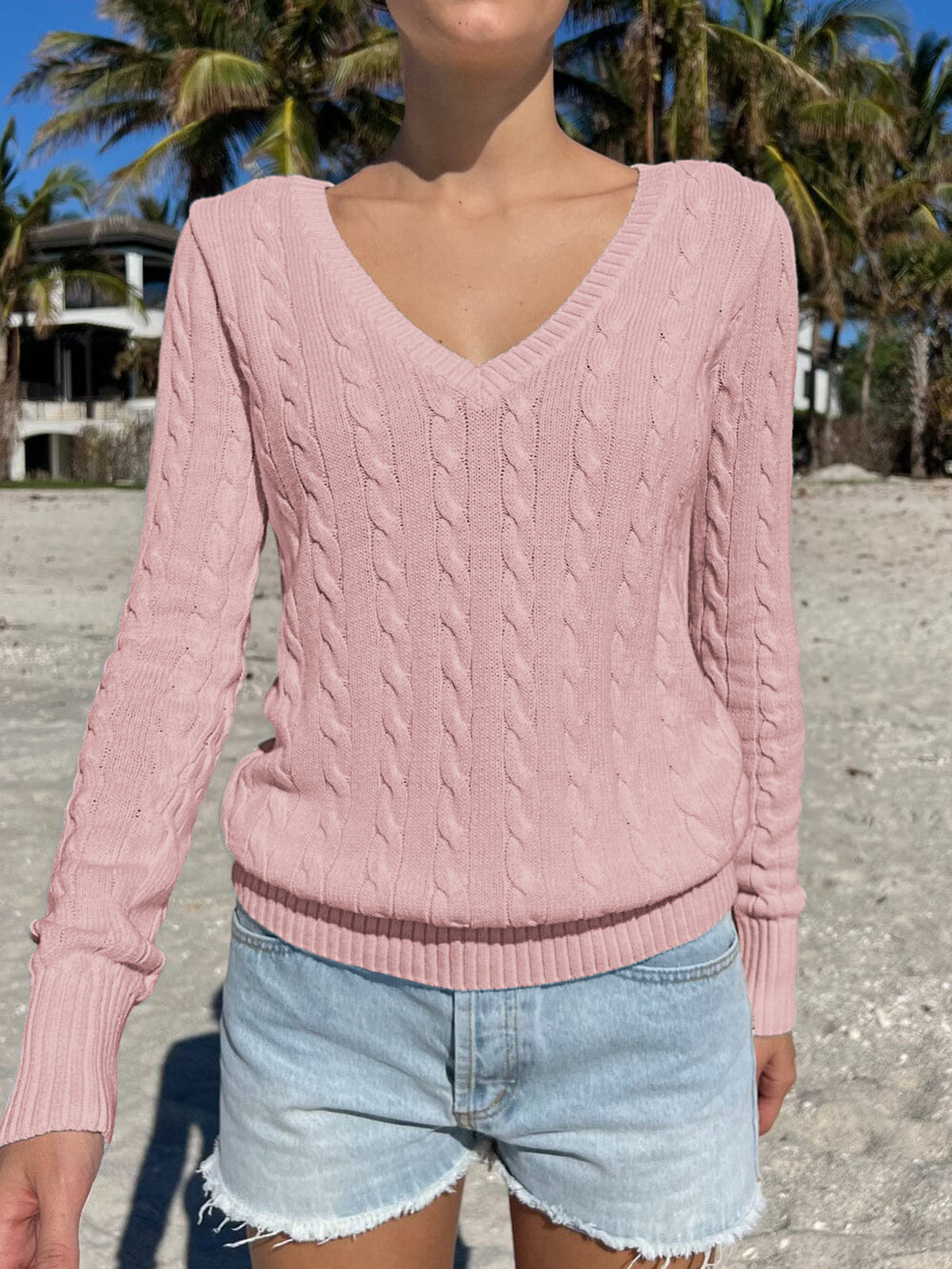 V-Neck Cable Knit Sweater With Ribbed Cuffs - Pink