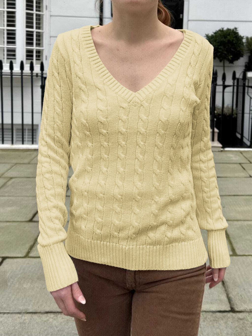 V-Neck Cable Knit Sweater With Ribbed Cuffs - Yellow