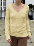 V-Neck Cable Knit Sweater With Ribbed Cuffs - Yellow