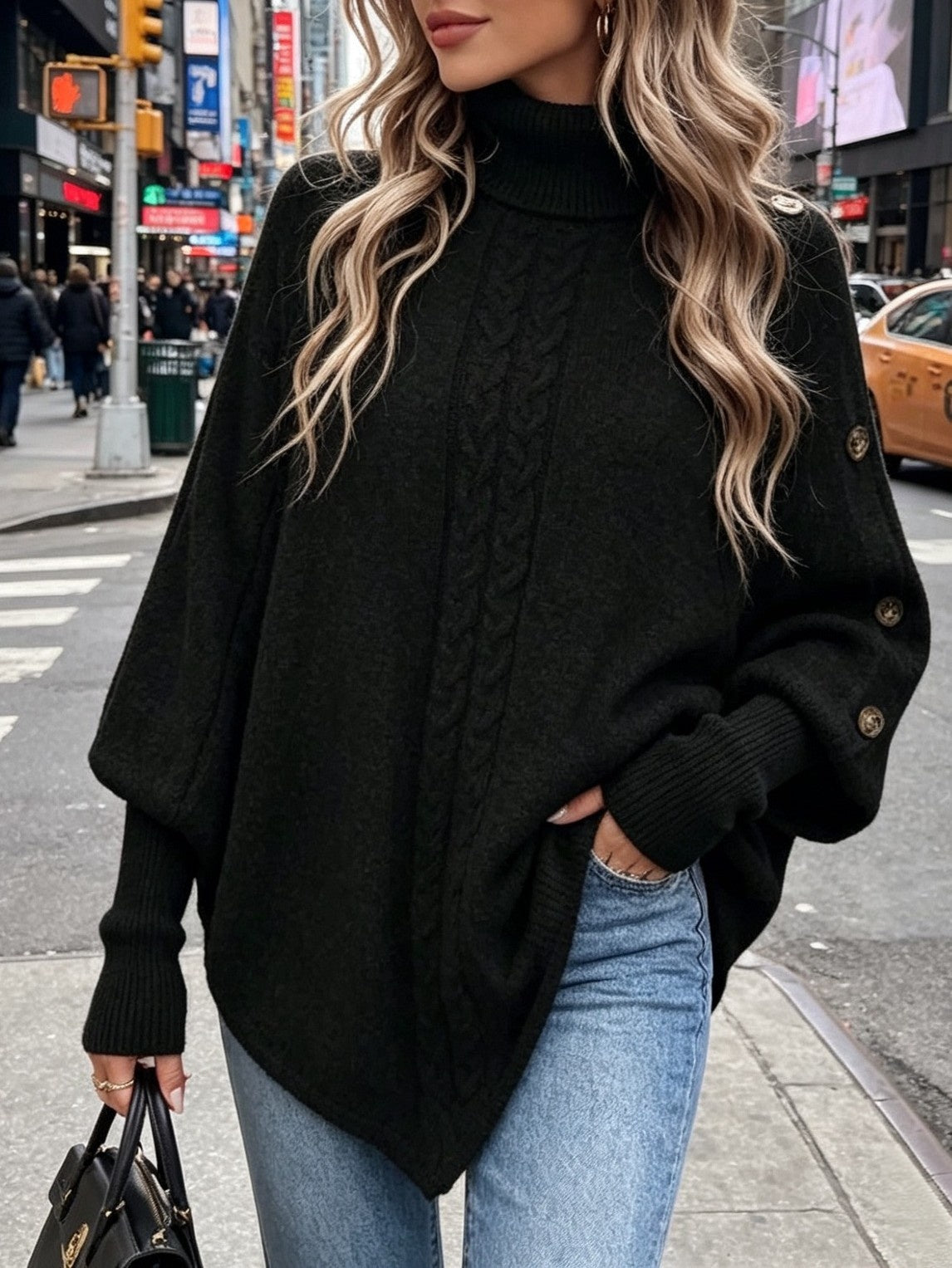 Cable Knit Turtleneck Poncho Sweater with Buttons - Black