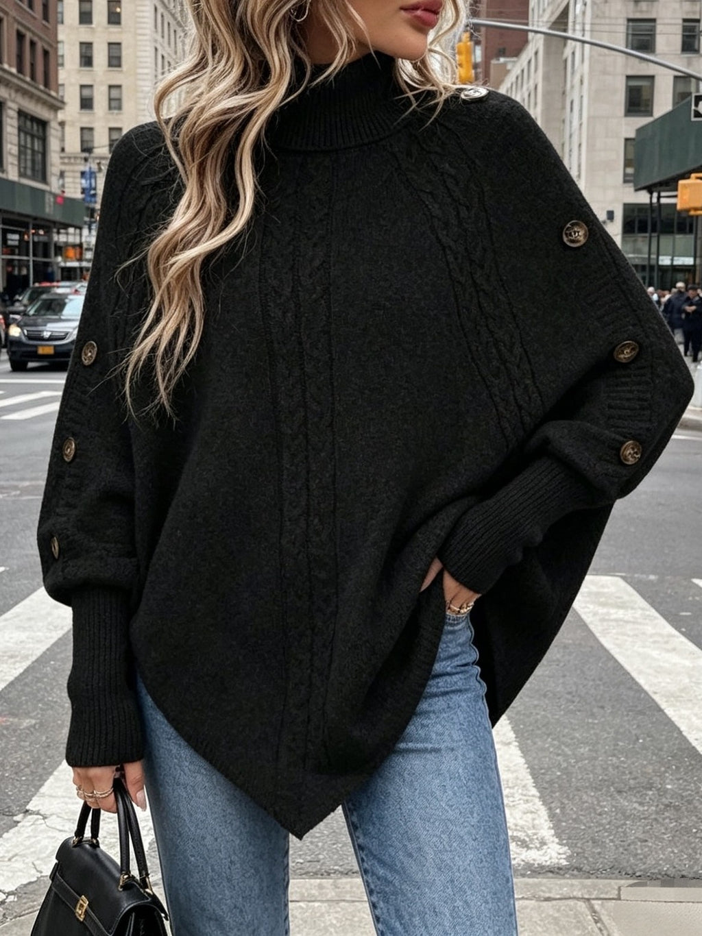 Cable Knit Turtleneck Poncho Sweater with Buttons - Black - 1