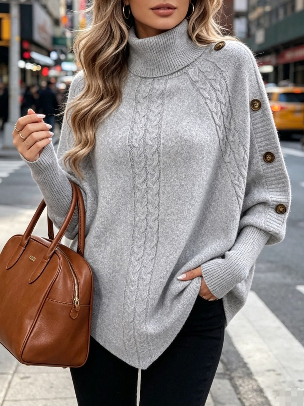 Cable Knit Turtleneck Poncho Sweater with Buttons - Grey