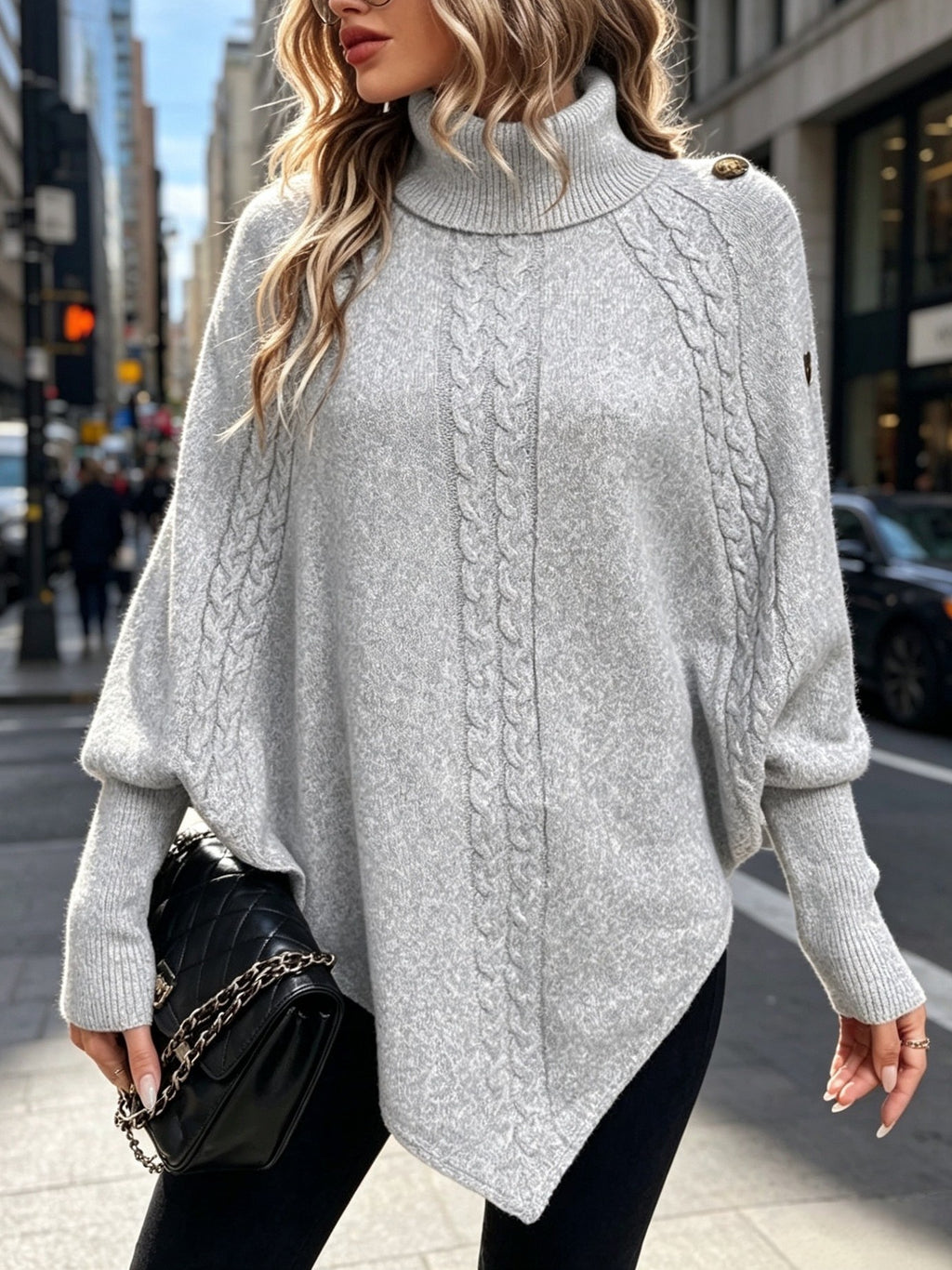 Cable Knit Turtleneck Poncho Sweater with Buttons - Grey - 1