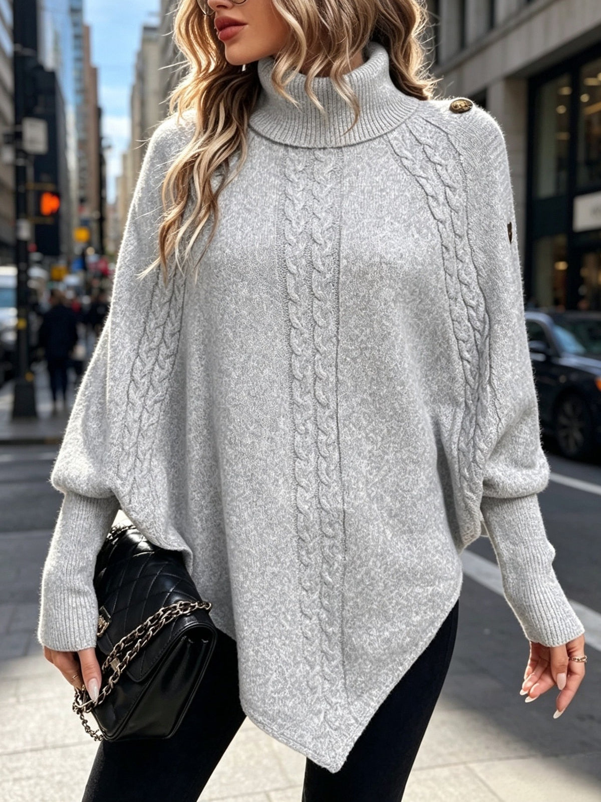 Cable Knit Turtleneck Poncho Sweater with Buttons - Grey - 1