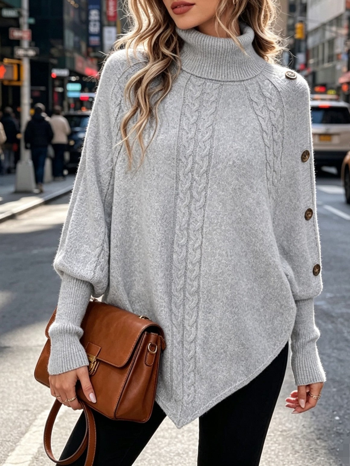 Cable Knit Turtleneck Poncho Sweater with Buttons - Grey - 2