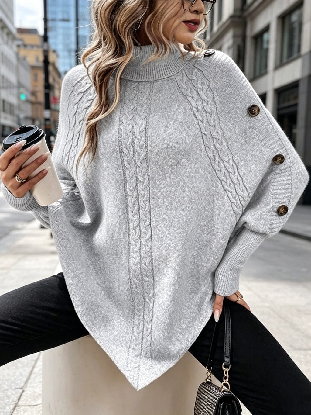Cable Knit Turtleneck Poncho Sweater with Buttons - Grey - 3