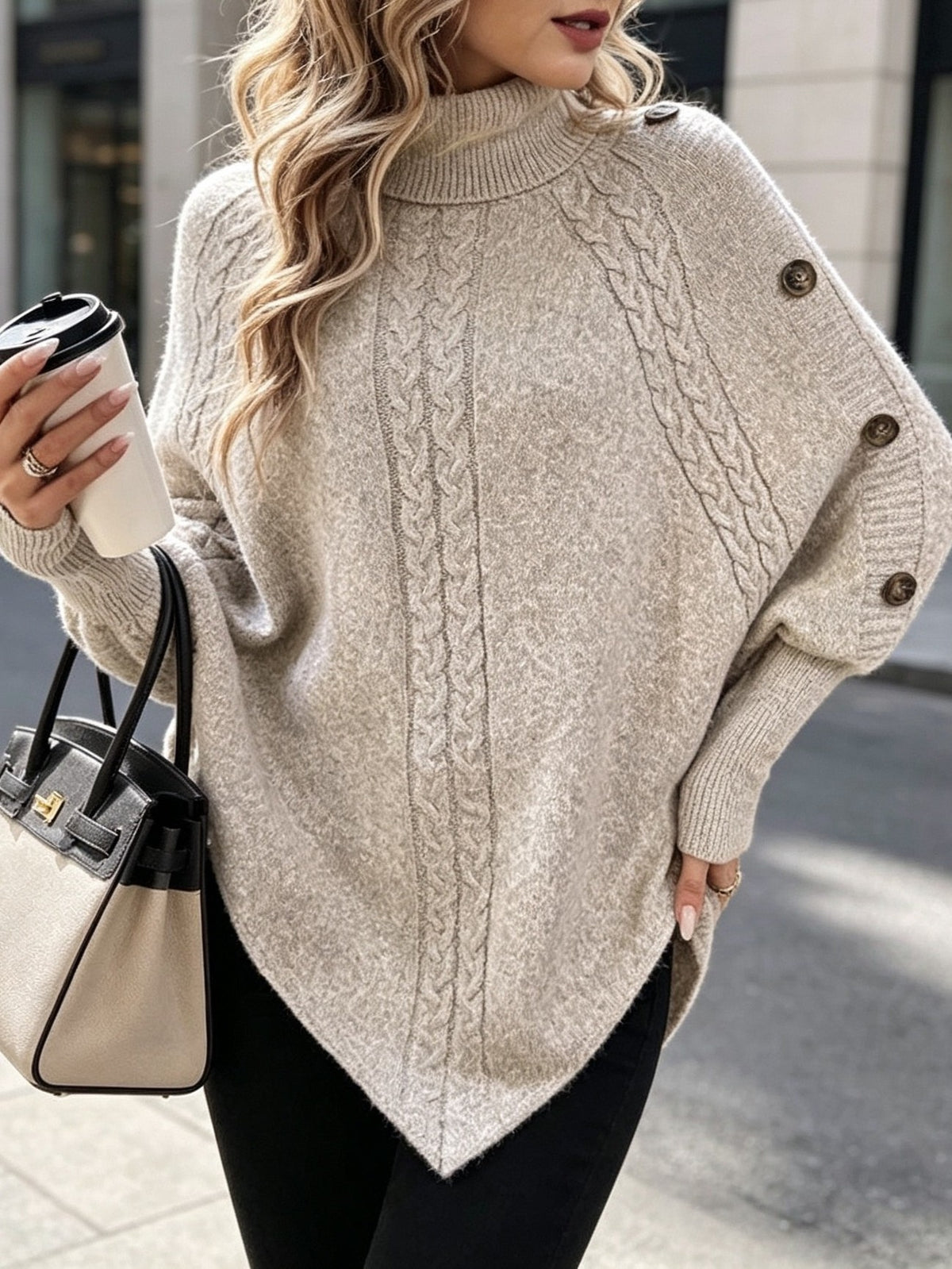 Cable Knit Turtleneck Poncho Sweater with Buttons - Khaki