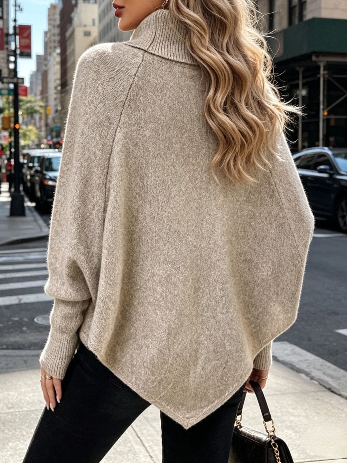 Cable Knit Turtleneck Poncho Sweater with Buttons - Khaki - 2