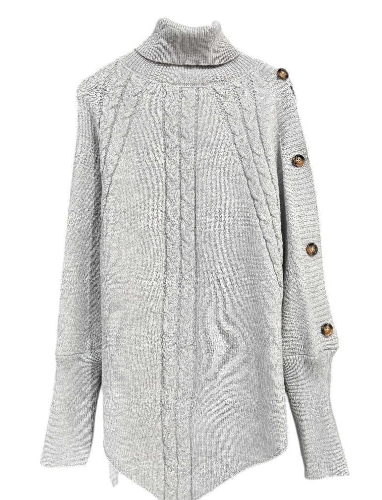 Cable Knit Turtleneck Poncho Sweater with Buttons