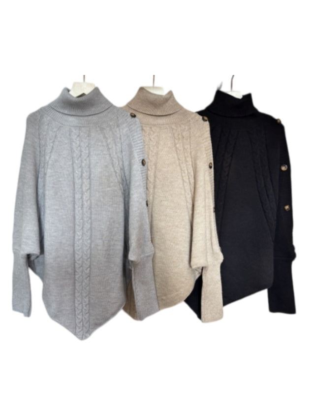 Cable Knit Turtleneck Poncho Sweater with Buttons - view 1