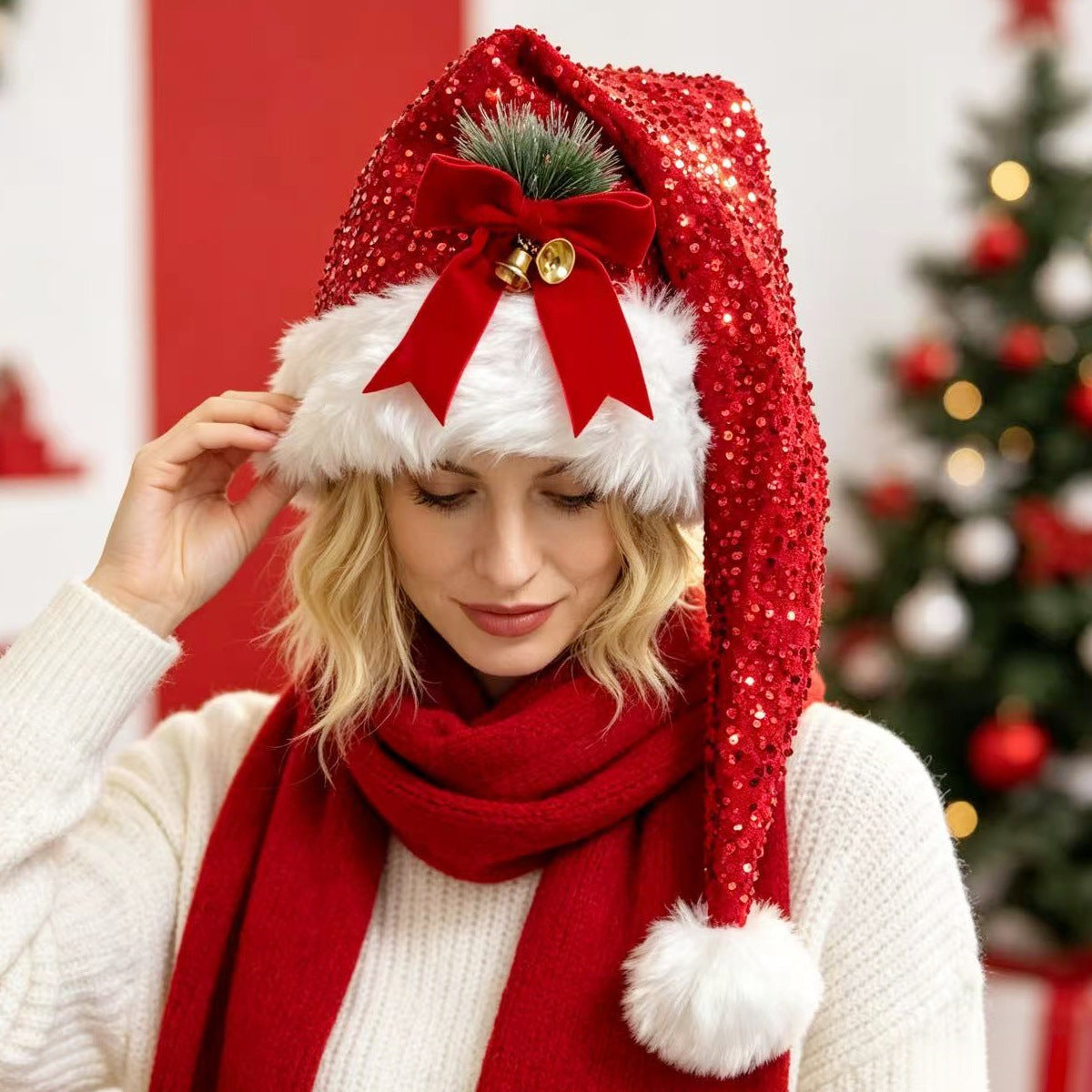 Red Sequin Faux Fur Trim Long Santa Beanie - Red