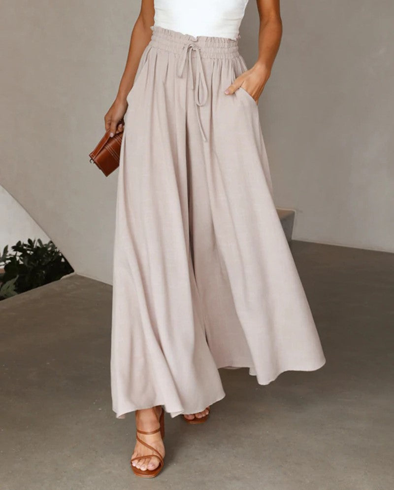 Drawstring Smocked Waist Wide Leg Palazzo Pants - Apricot