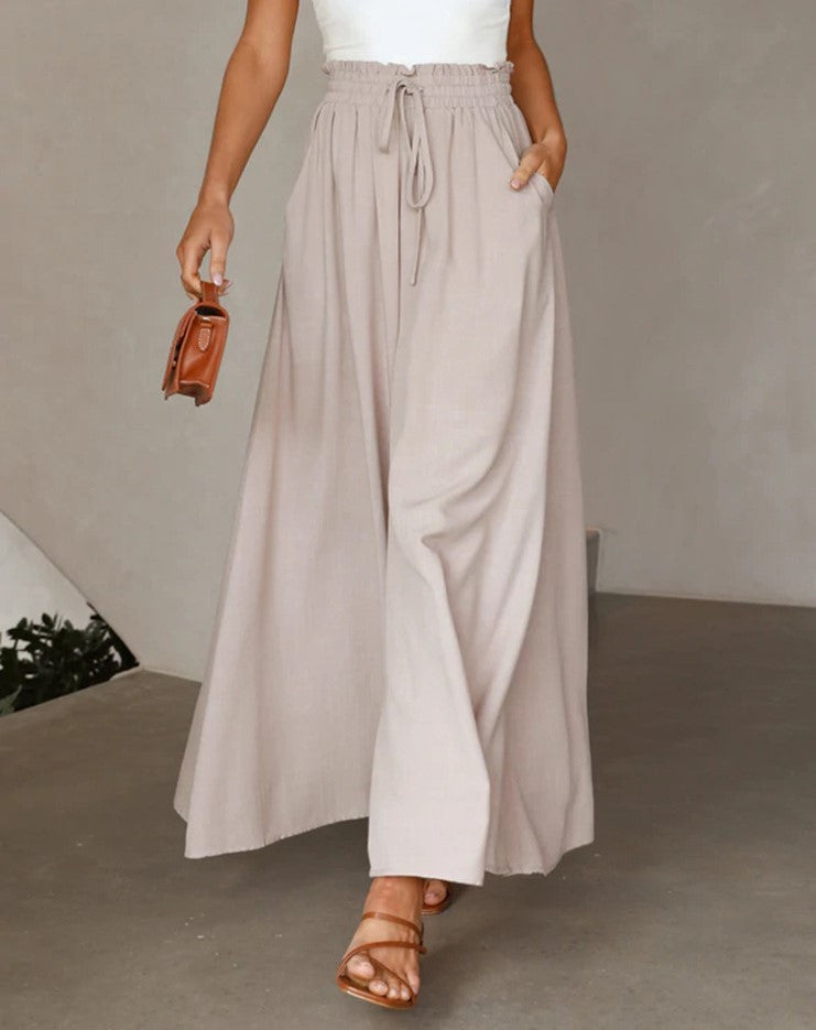 Drawstring Smocked Waist Wide Leg Palazzo Pants - Apricot - 1