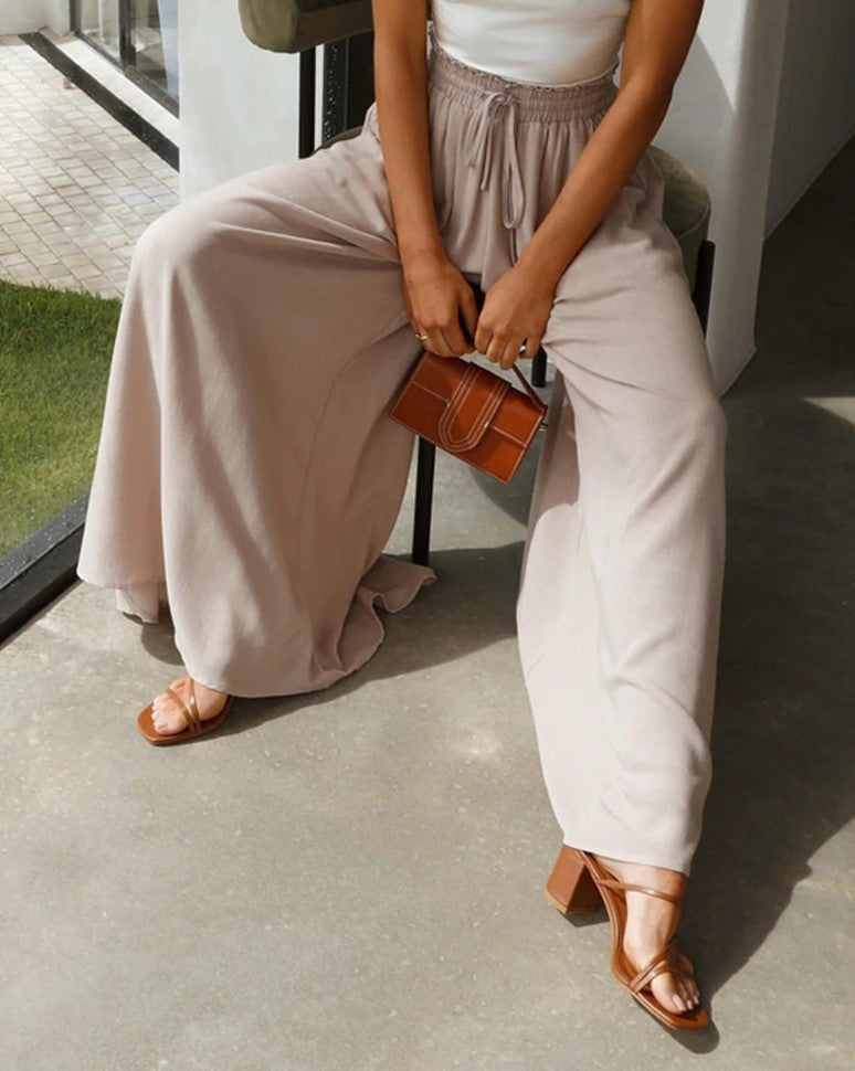Drawstring Smocked Waist Wide Leg Palazzo Pants - Apricot - 2