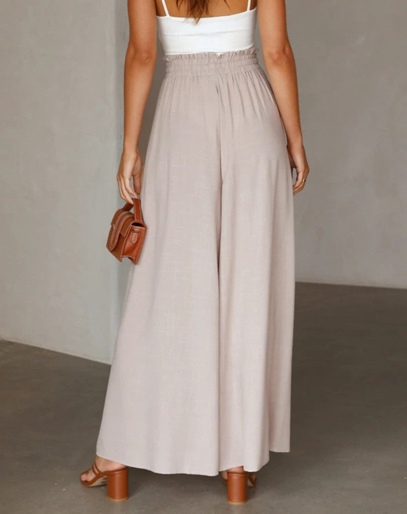 Drawstring Smocked Waist Wide Leg Palazzo Pants - Apricot - 3