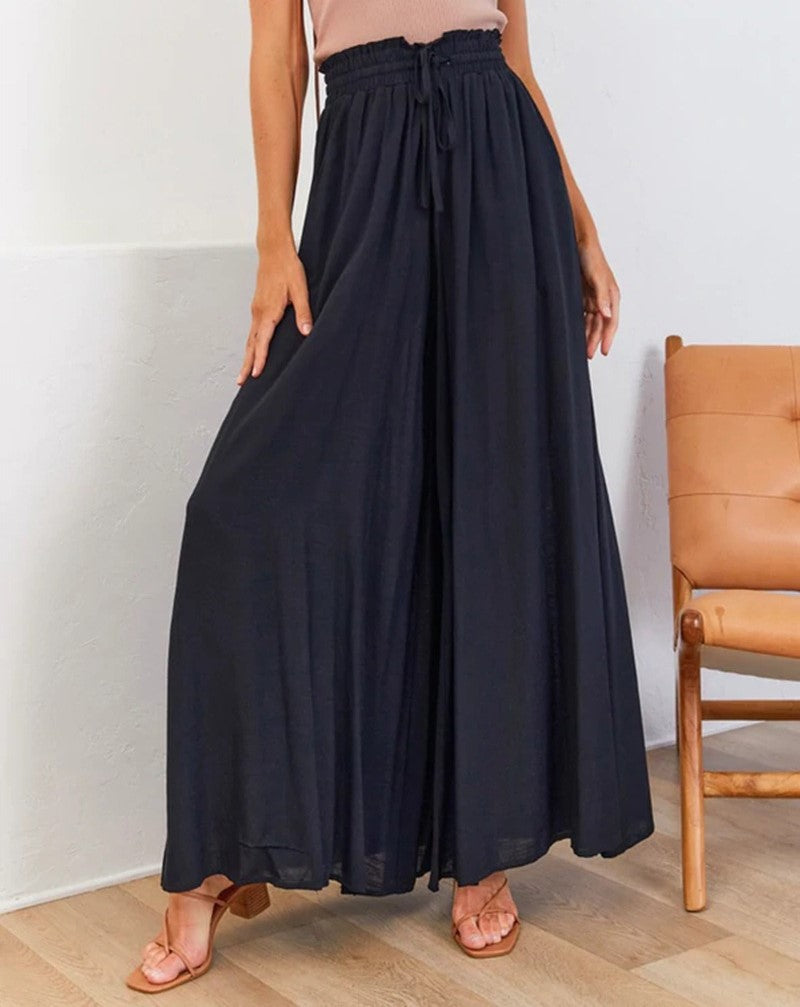 Drawstring Smocked Waist Wide Leg Palazzo Pants - Black