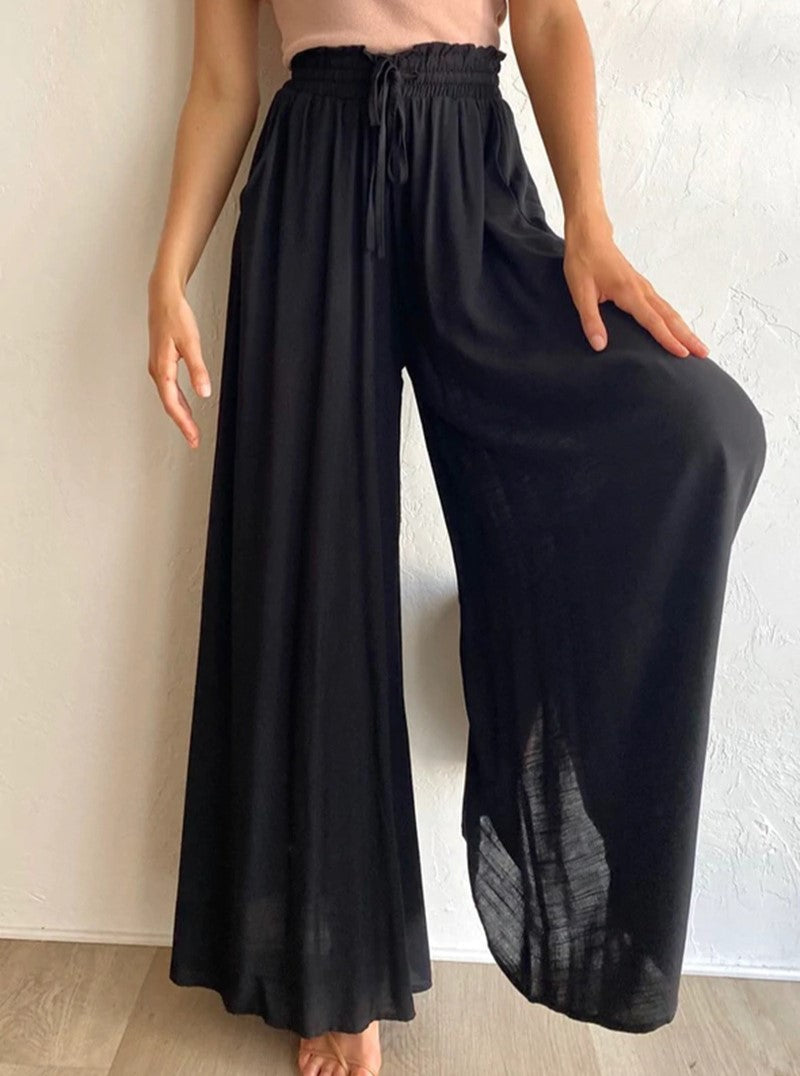 Drawstring Smocked Waist Wide Leg Palazzo Pants - Black - 1