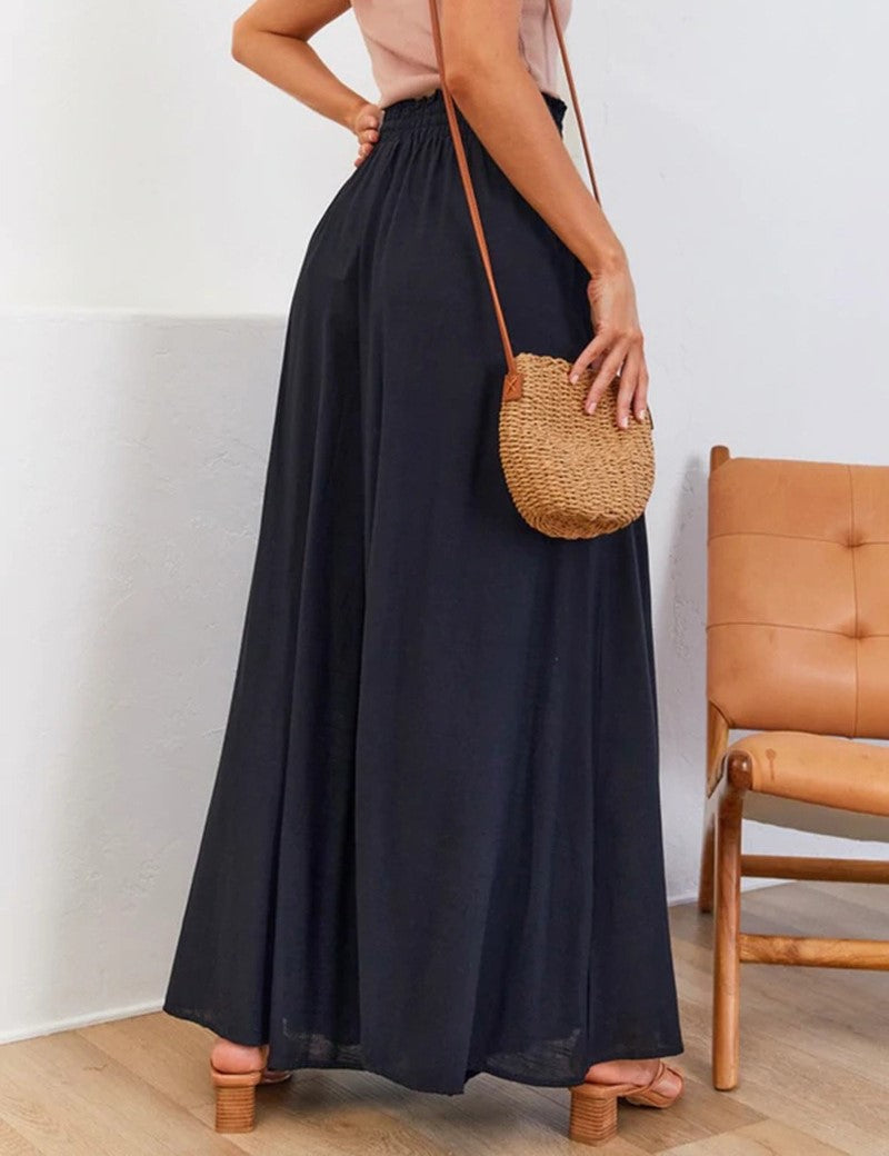 Drawstring Smocked Waist Wide Leg Palazzo Pants - Black - 3