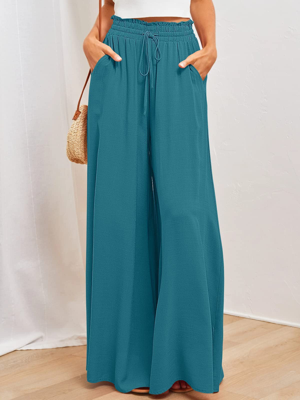 Drawstring Smocked Waist Wide Leg Palazzo Pants - Blue