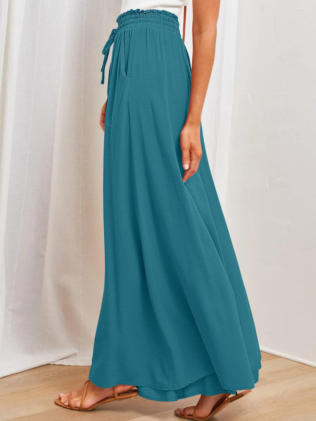 Drawstring Smocked Waist Wide Leg Palazzo Pants - Blue - 1